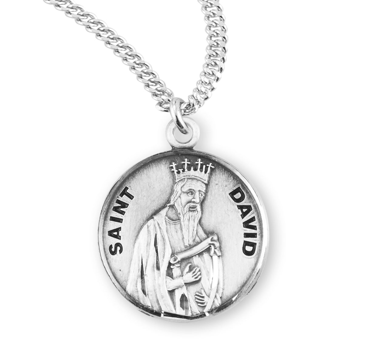 Patron Saint David Round Sterling Silver Medal Pendant with Chain | .925 Silver