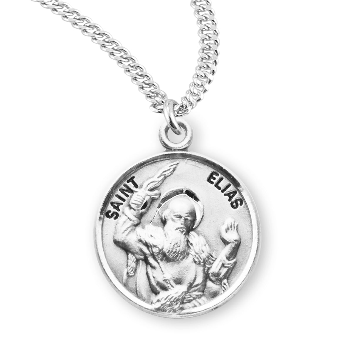 Patron Saint Elias Round Sterling Silver Medal Pendant with Chain | .925 Silver