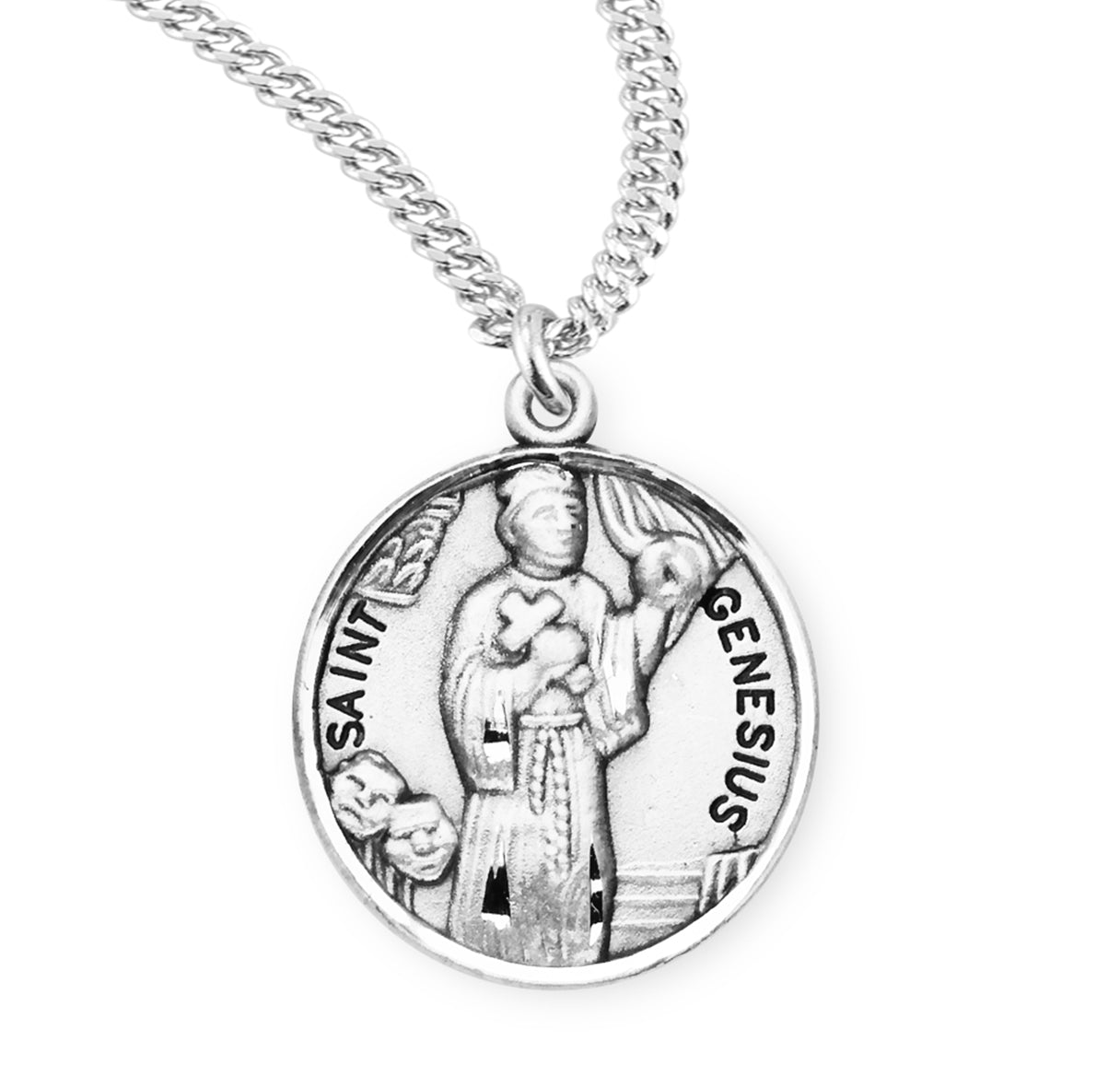 Patron Saint Genesius Round Sterling Silver Medal Pendant with Chain | .925 Silver