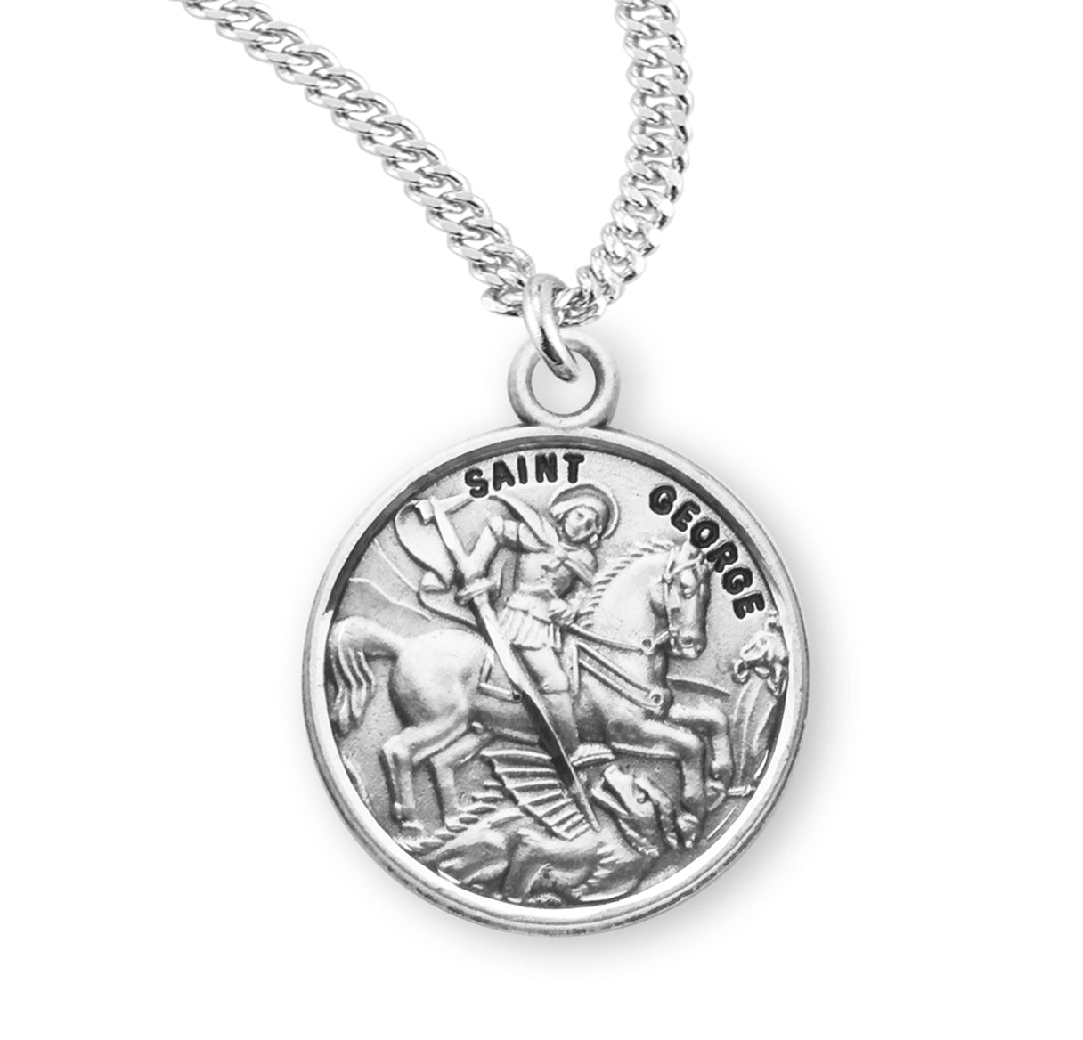 Patron Saint George Round Sterling Silver Medal Pendant with Chain | .925 Silver