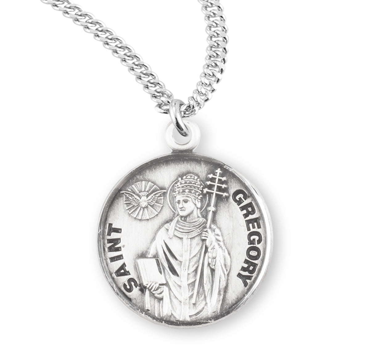 Patron Saint Gregory Round Sterling Silver Medal Pendant with Chain | .925 Silver