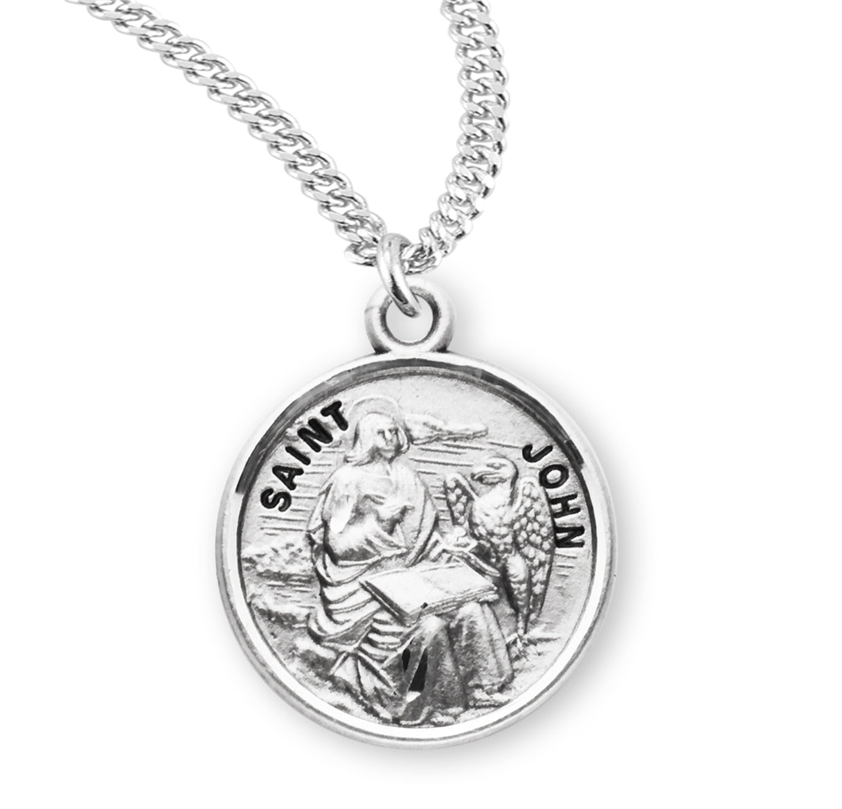 Patron Saint John the Evangelist Round Sterling Silver Medal Pendant with Chain | .925 Silver