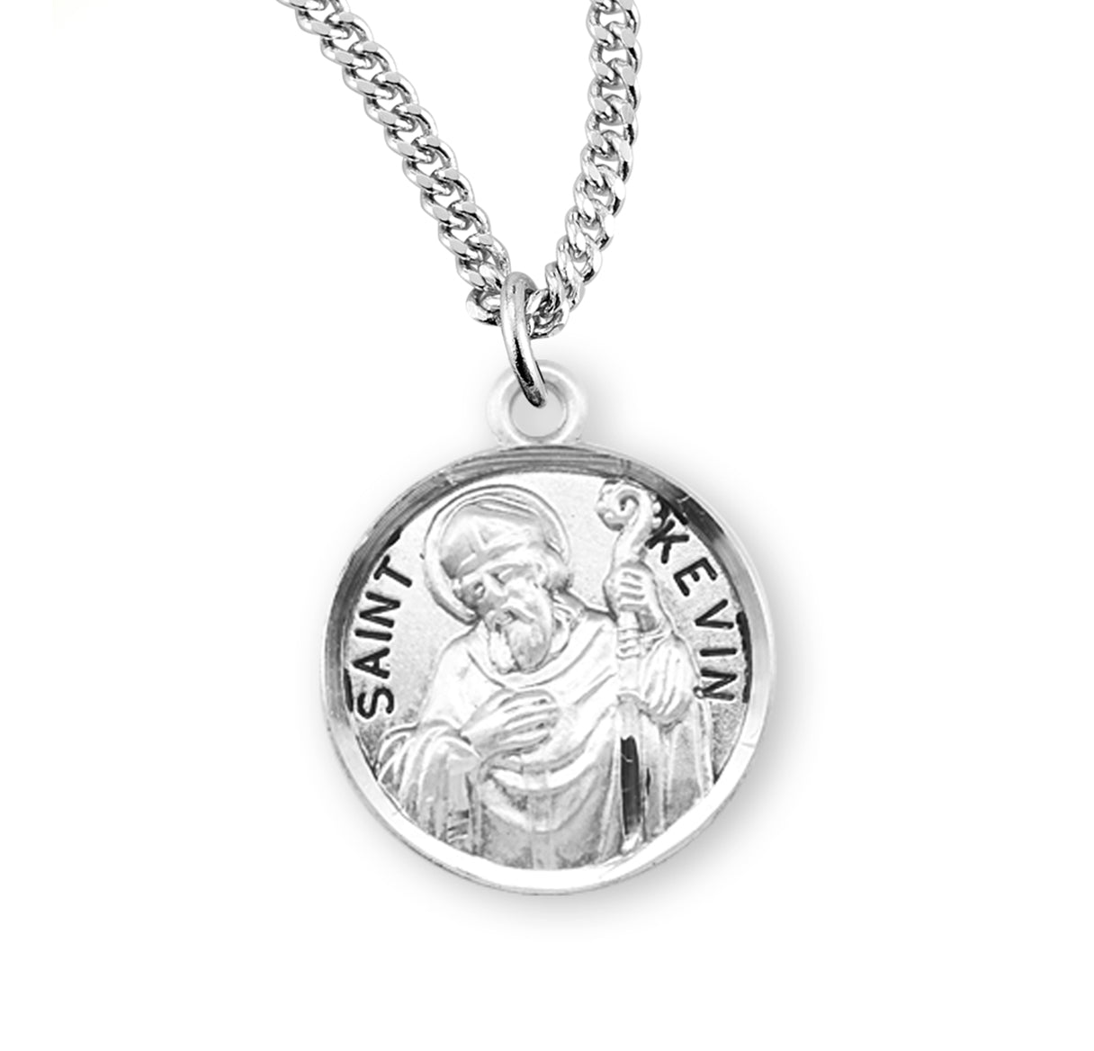 Patron Saint Kevin Round Sterling Silver Medal Pendant with Chain | .925 Silver