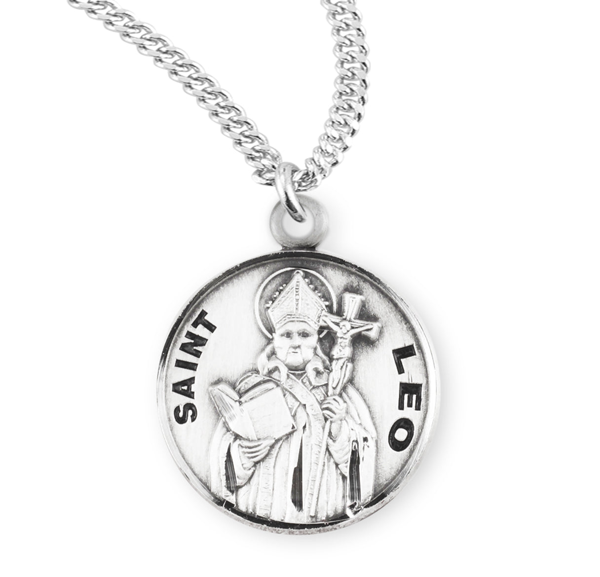 Patron Saint Leo Round Sterling Silver Medal Pendant with Chain | .925 Silver