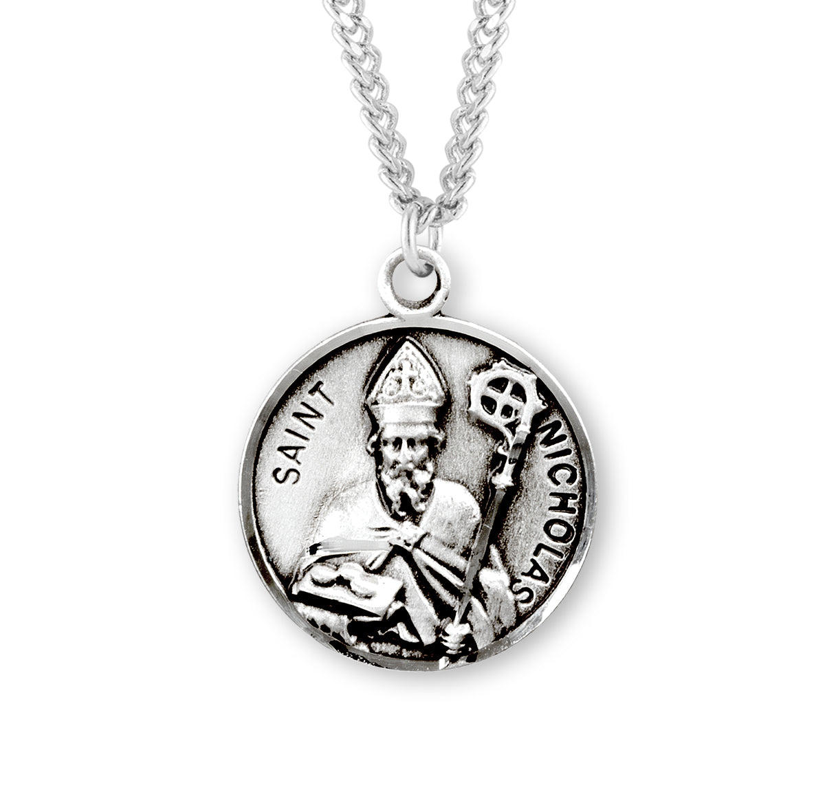Patron Saint Nicholas Round Sterling Silver Medal Pendant with Chain | .925 Silver