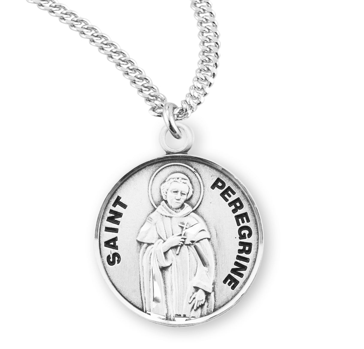 Patron Saint Peregrine Round Sterling Silver Medal Pendant with Chain | .925 Silver