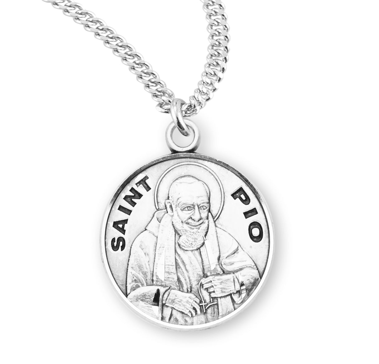 Patron Saint Pio Round Sterling Silver Medal Pendant with Chain | .925 Silver