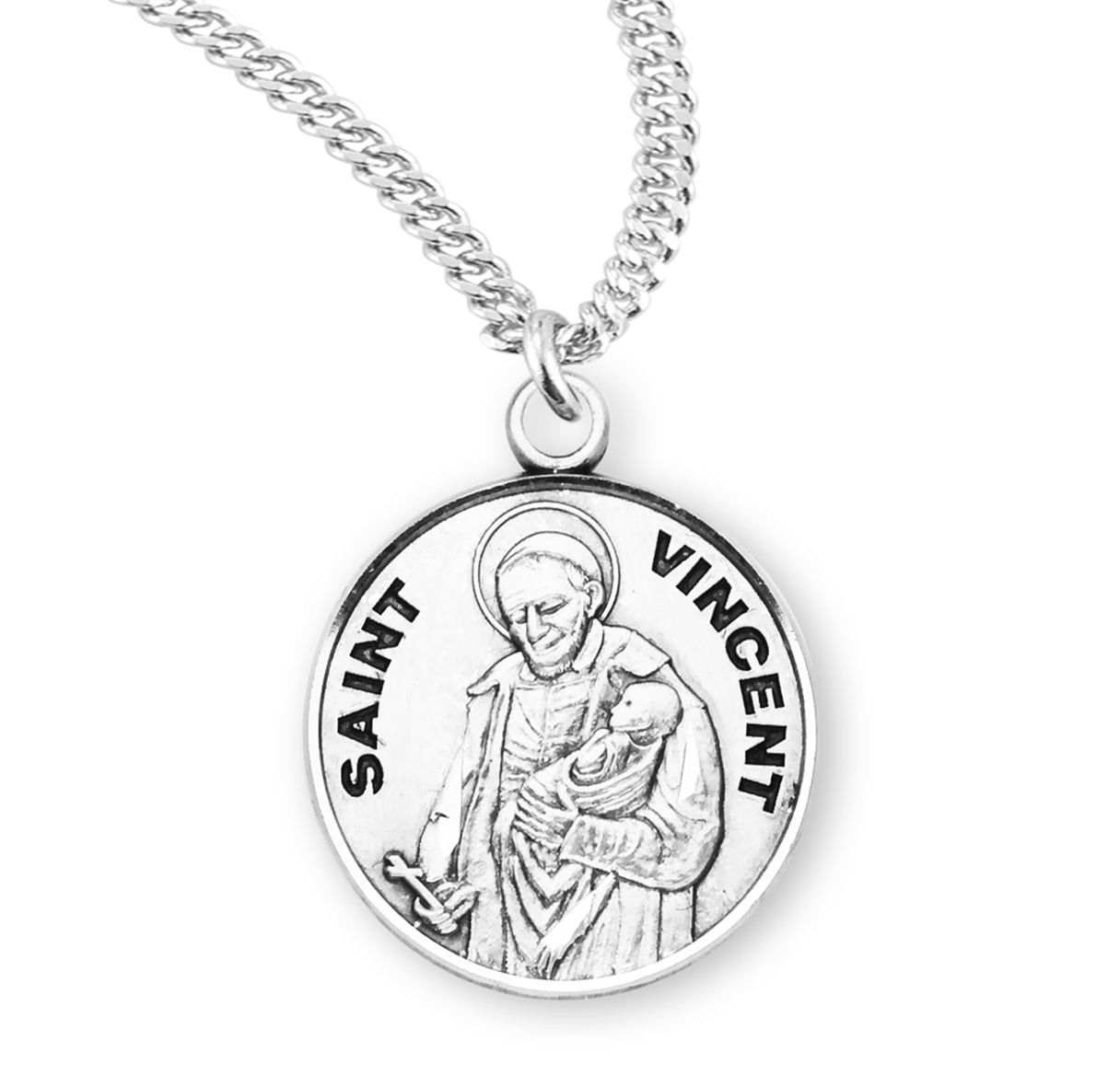 Patron Saint Vincent Round Sterling Silver Medal Pendant with Chain | .925 Silver