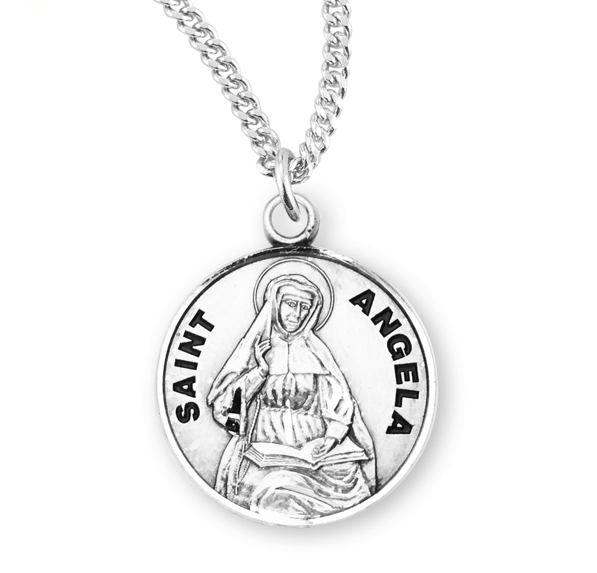 Patron Saint Angela Round Sterling Silver Medal Pendant with Chain | .925 Silver