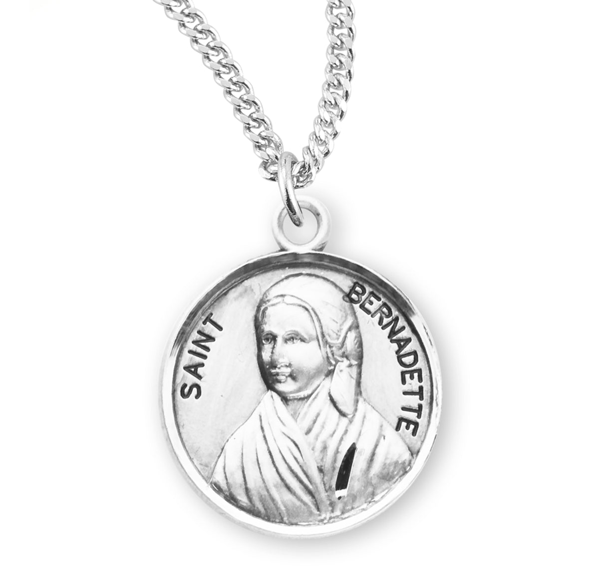 Patron Saint Bernadette Round Sterling Silver Medal Pendant with Chain | .925 Silver