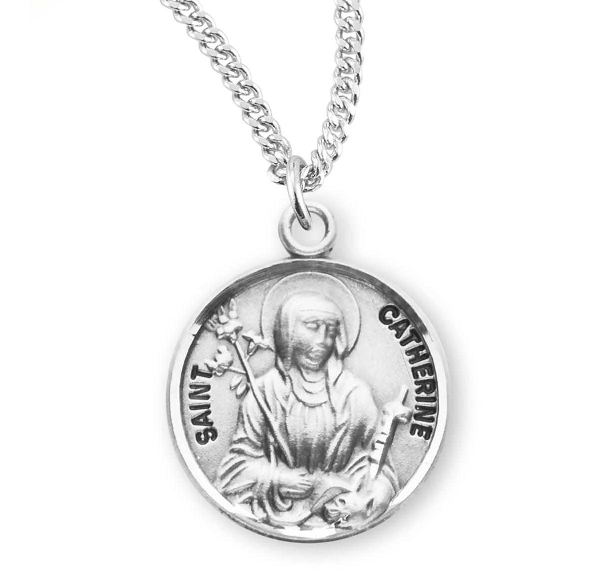 Patron Saint Catherine Round Sterling Silver Medal Pendant with Chain | .925 Silver