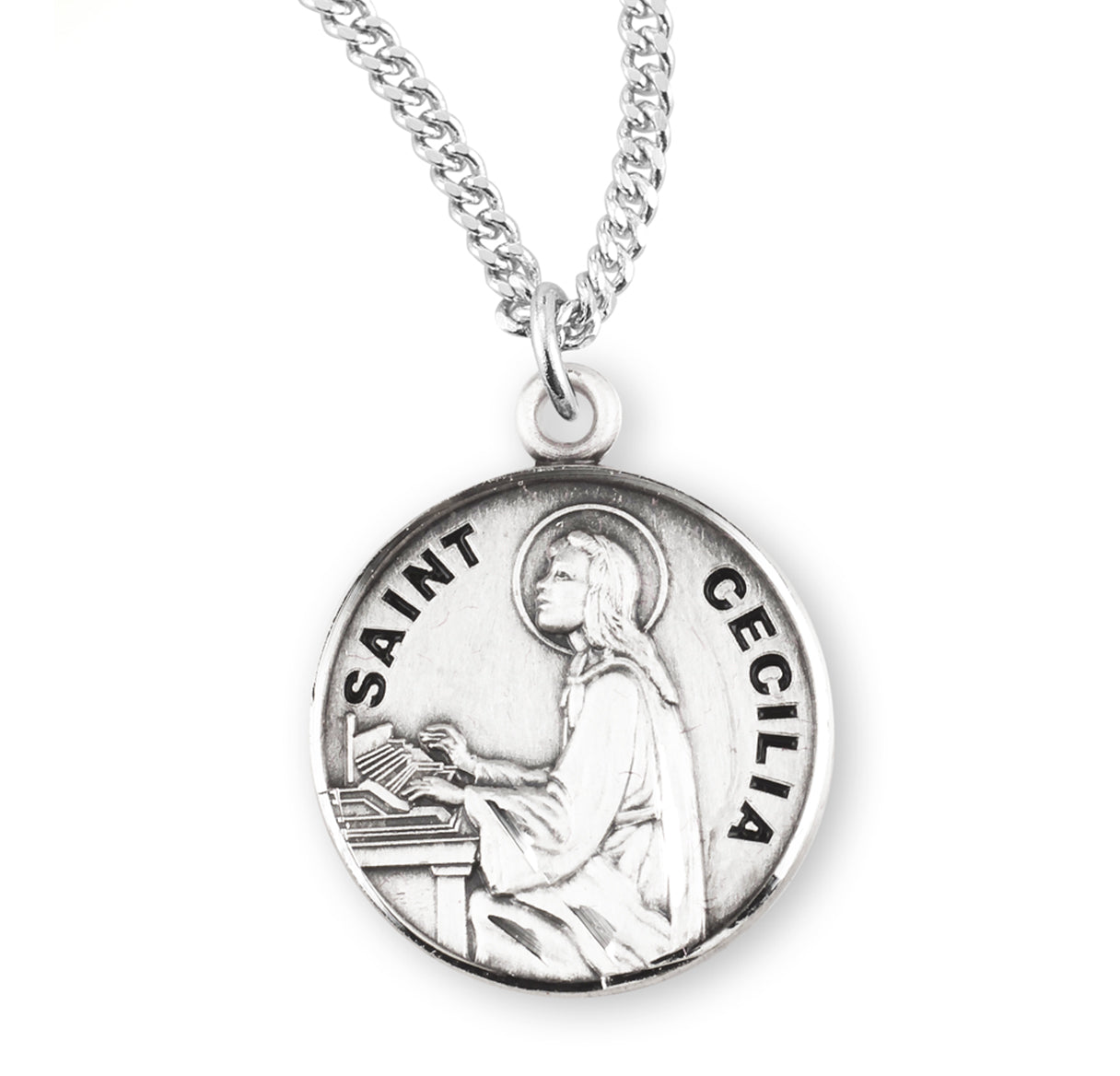 Patron Saint Cecilia Round Sterling Silver Medal Pendant with Chain | .925 Silver