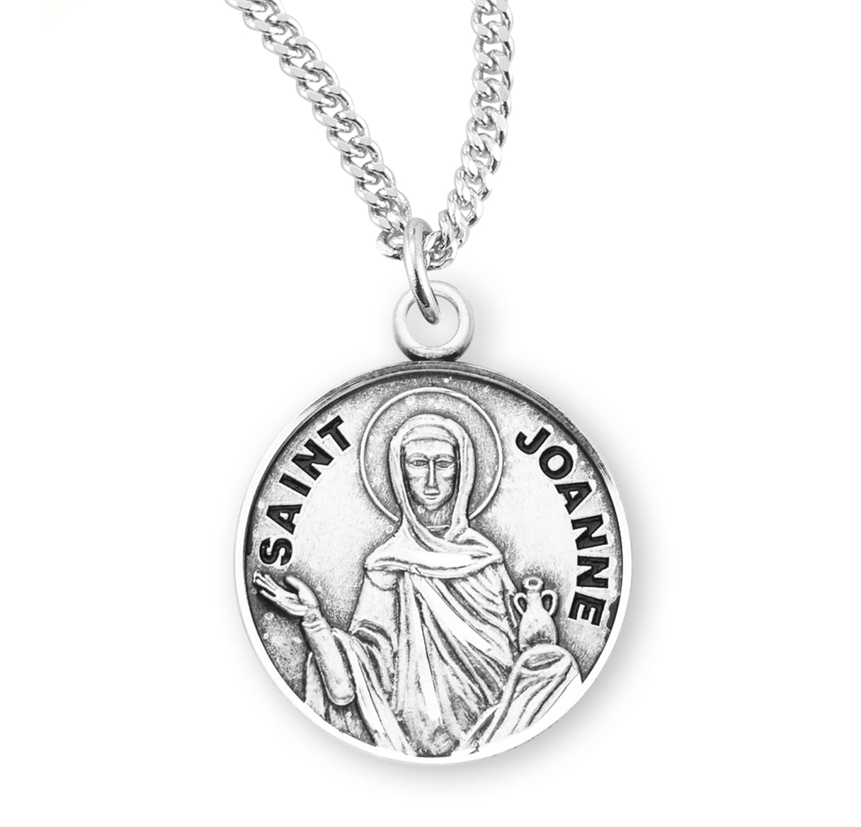 Patron Saint Joanne Round Sterling Silver Medal Pendant with Chain | .925 Silver