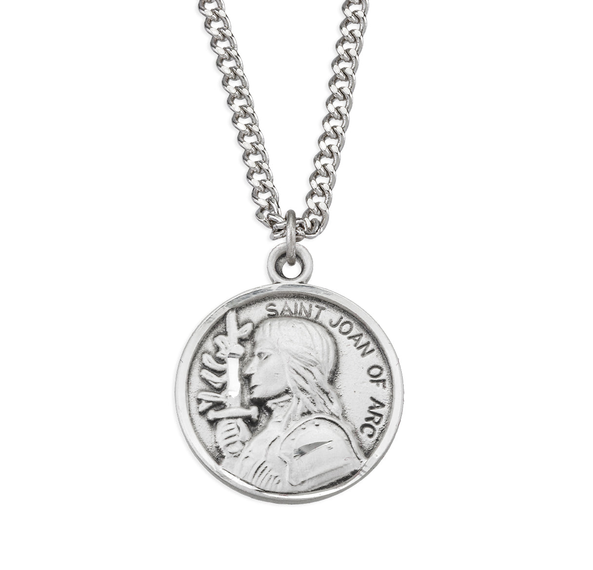 Patron Saint Joan of Arc Round Sterling Silver Medal Pendant with Chain | .925 Silver