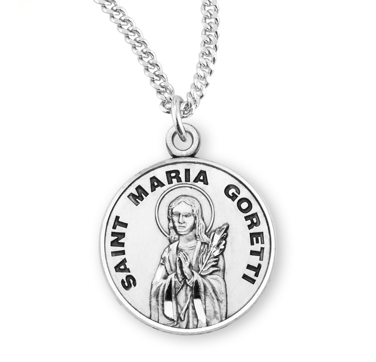 Patron Saint Maria Goretti Round Sterling Silver Medal Pendant with Chain | .925 Silver