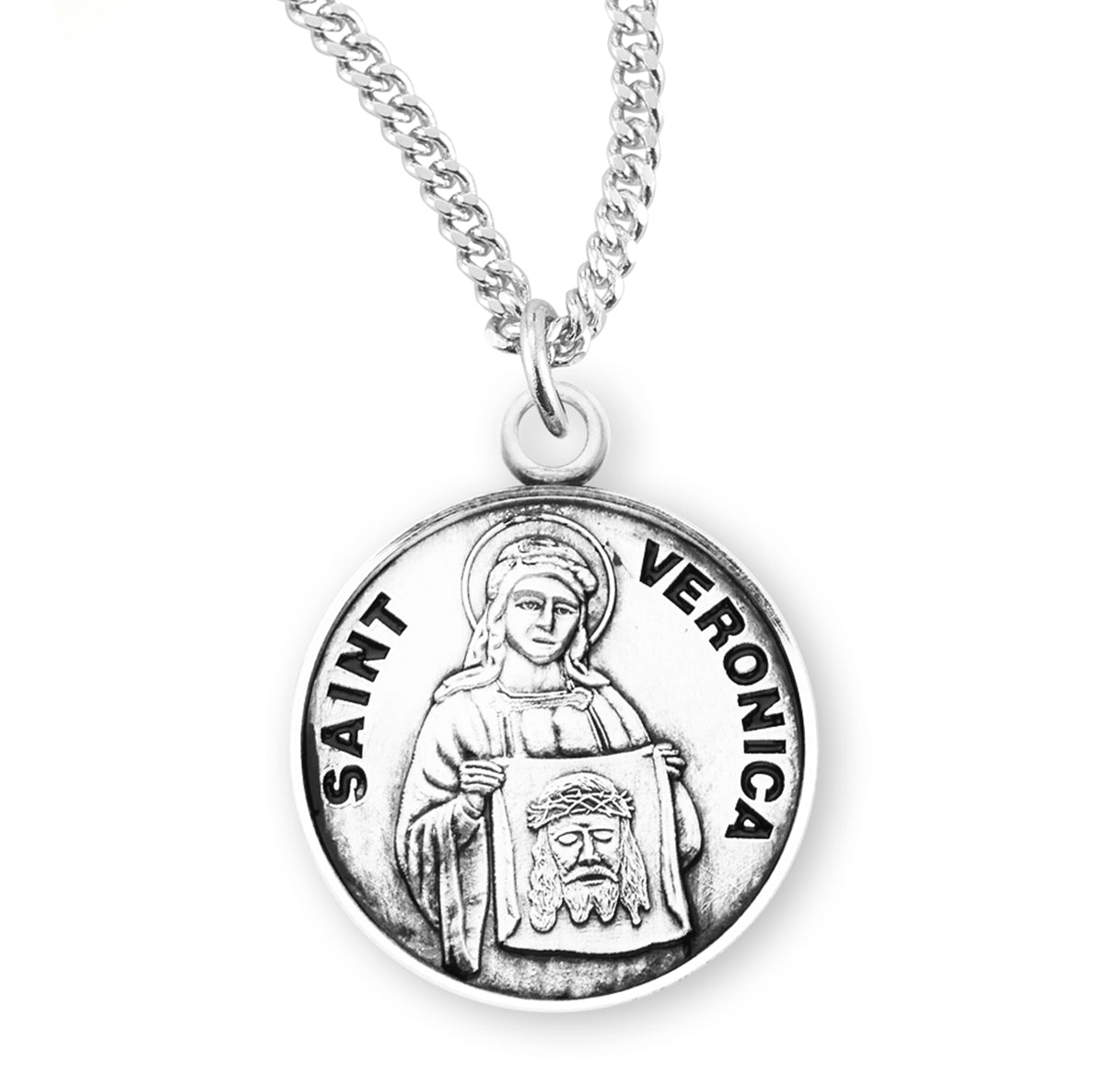 Patron Saint Veronica Round Sterling Silver Medal Pendant with Chain | .925 Silver