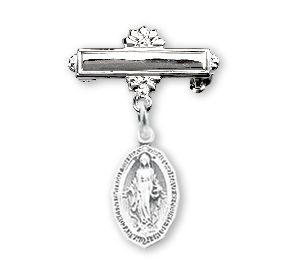 Sterling Silver Baby Miraculous Medal on a Bar pin Necklace | .925 Silver