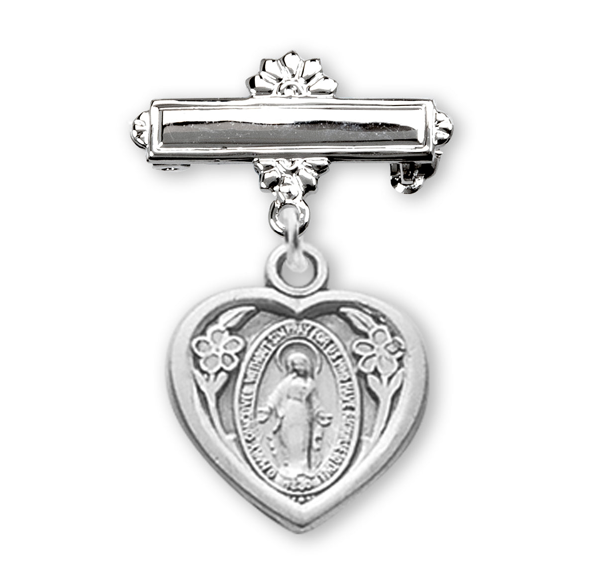 Sterling Silver Heart Shape Baby Miraculous Medal on a Bar Pin Necklace | .925 Silver