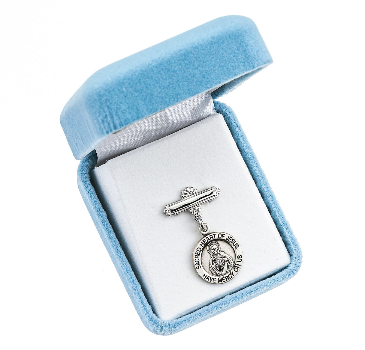 Sterling Silver Sacred Heart of Jesus Medal on a Plated Bar Pin Necklace | .925 Silver