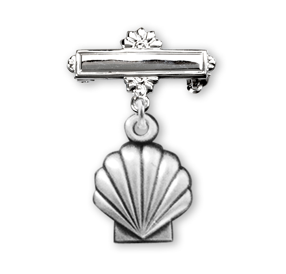 Sterling Silver Baby Holy Baptism Shell Medal on a Bar Pin Necklace | .925 Silver