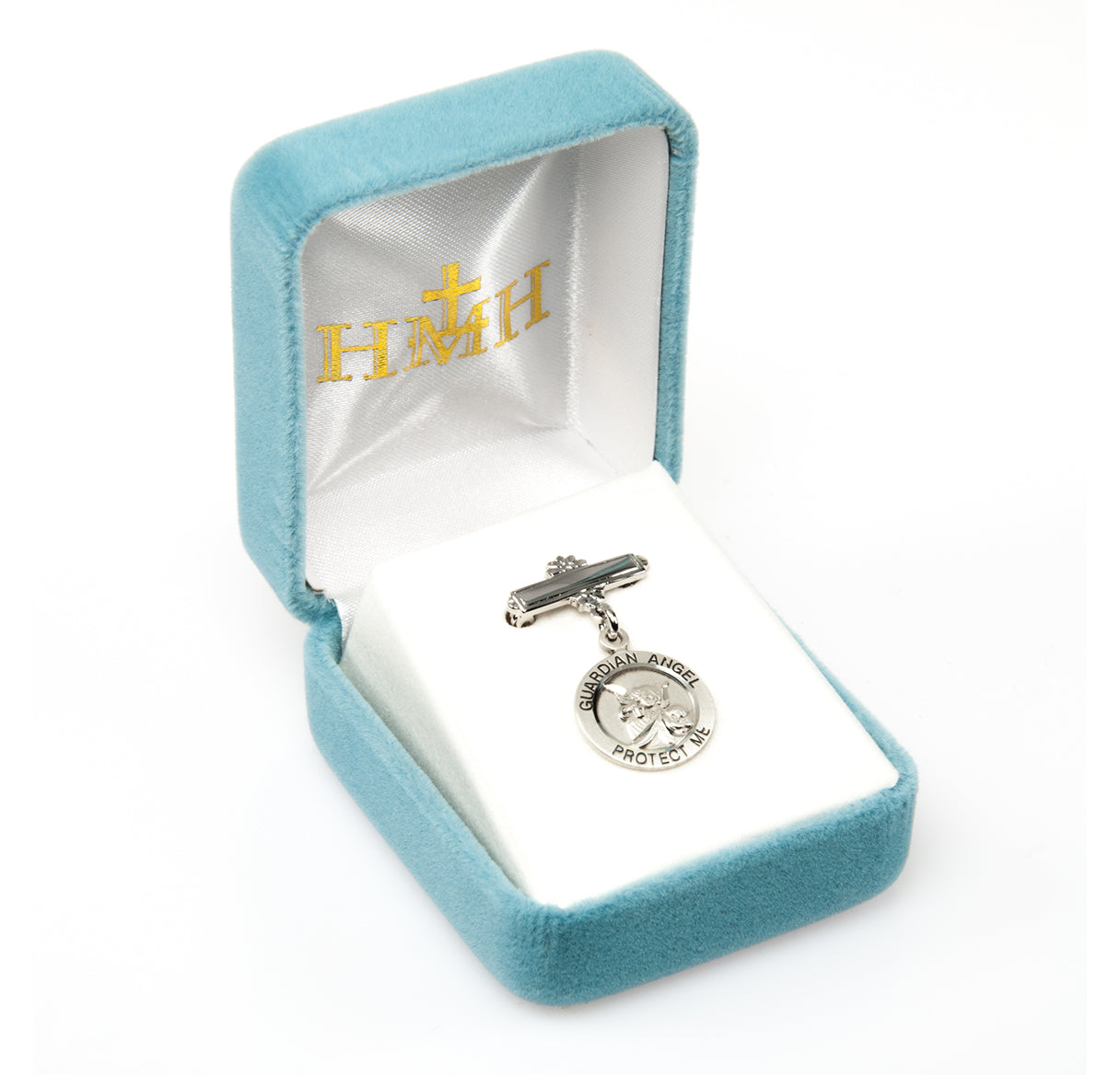 Guardian Angel Round Sterling Silver Medal on a Bar Pin Necklace | .925 Silver
