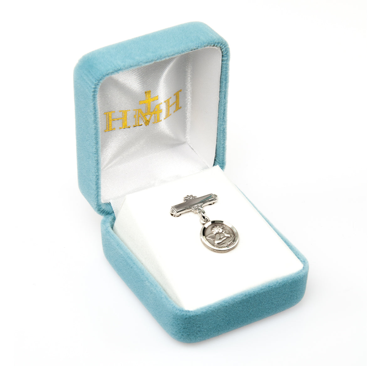 Sterling Silver Guardian Angel Baby Medal on a Bar Pin Necklace | .925 Silver