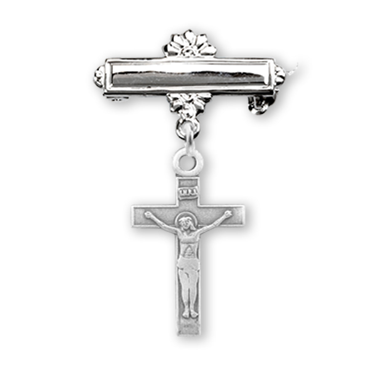 Sterling Silver Baby Crucifix on a Bar Pin Necklace | .925 Silver