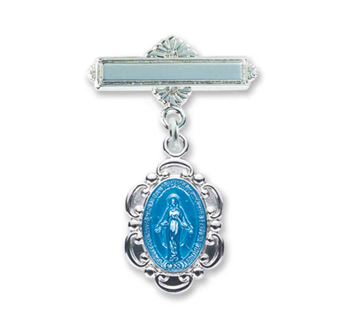 Sterling Silver Scalloped Edge Miraculous Baby Medal on a Bar Pin Necklace | .925 Silver