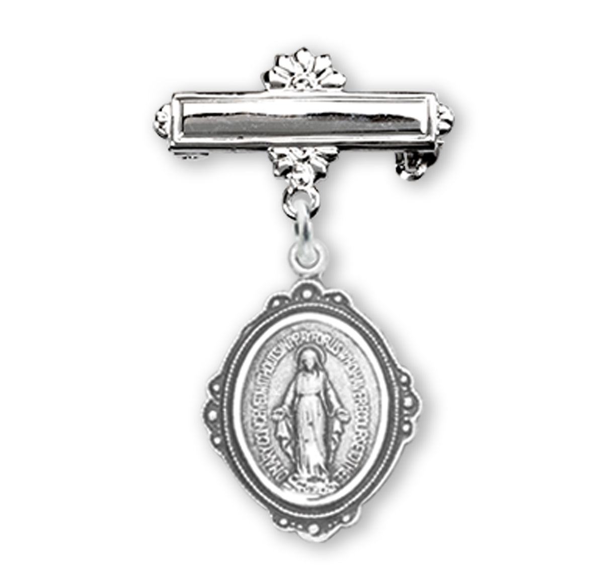 Sterling Silver Baby Miraculous Baby Medal on a Bar Pin Necklace | .925 Silver
