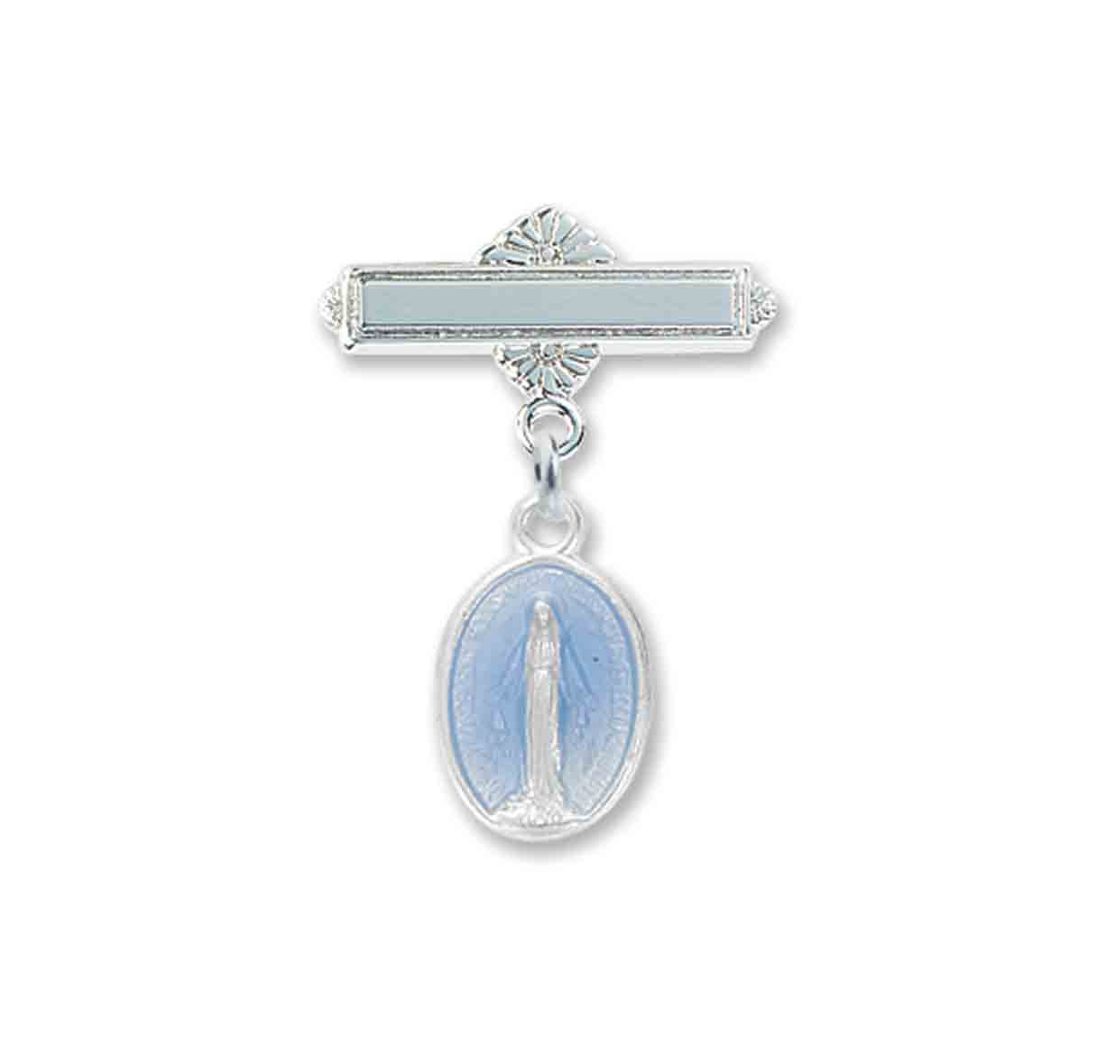 Sterling Silver Oval Baby Miraculous Medal on a Bar Pin Necklace | .925 Silver