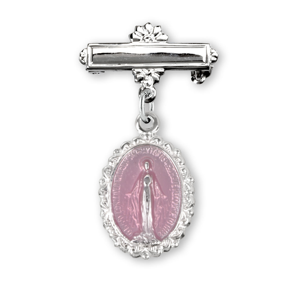 Pink Enameled Oval Fancy Edge Sterling Silver Baby Miraculous Baby Medal on a Bar Pin Necklace | .925 Silver