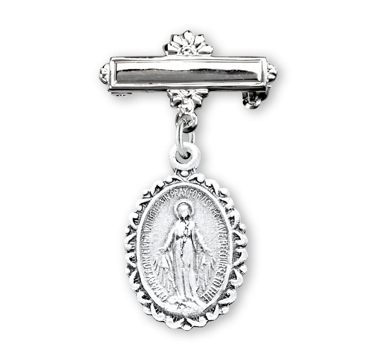 Sterling Silver Oval Fancy Edge Miraculous Baby Medal on a Bar Pin Necklace | .925 Silver