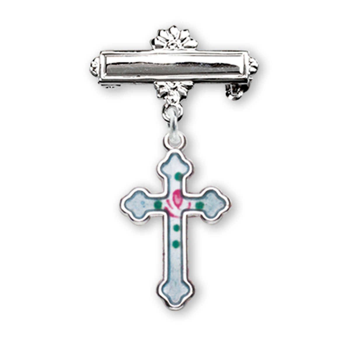 Sterling Silver Rosebud Blue Enameled Baby Cross Pin Necklace | .925 Silver