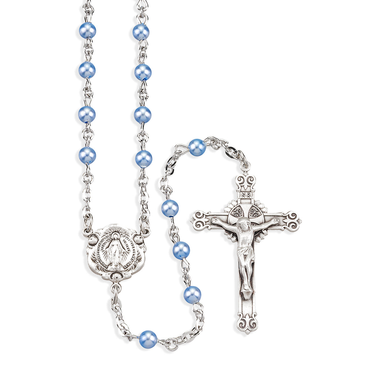Rosary Sterling Crucifix and Centerpiece Created with finest Austrian Crystal 4mm Pearl Beads in Blue by HMH | .925 Silver
