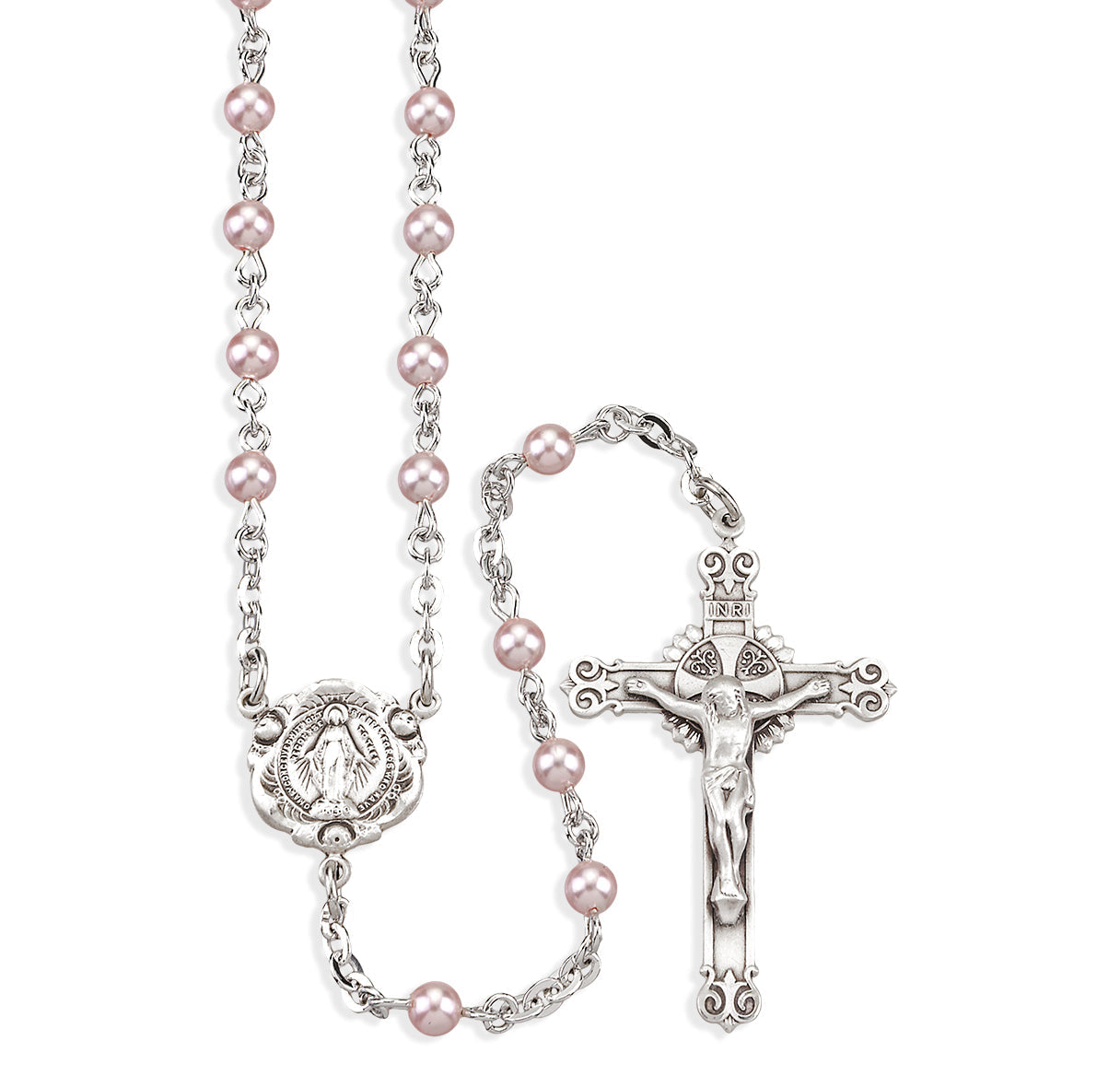 Rosary Sterling Crucifix and Centerpiece Created with finest Austrian Crystal 4mm Pearl Beads in Pink by HMH | .925 Silver