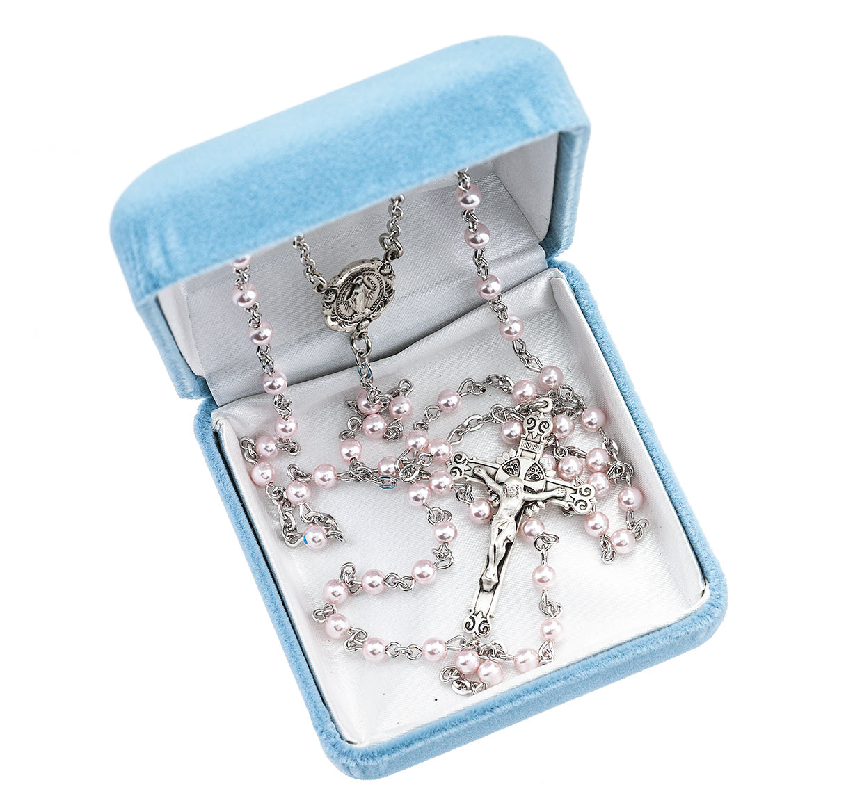 Rosary Sterling Crucifix and Centerpiece Created with finest Austrian Crystal 4mm Pearl Beads in Pink by HMH | .925 Silver