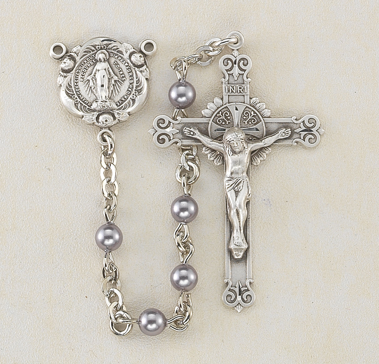 Rosary Sterling Crucifix and Centerpiece Created with finest Austrian Crystal 4mm Pearl Beads in Violet by HMH | .925 Silver