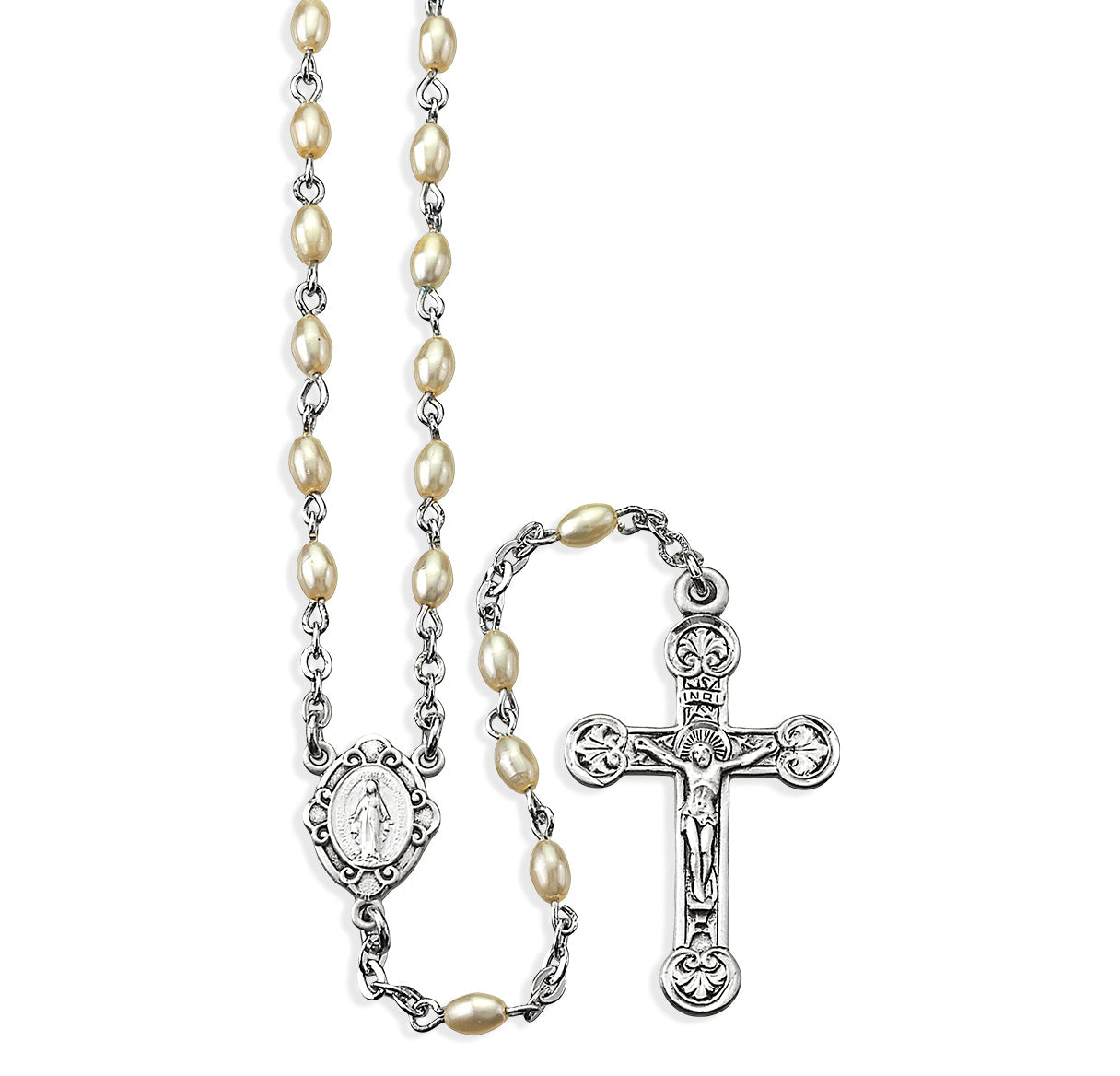 Faux Pearl Rosary with Sterling Crucifix and Centerpiece | .925 Silver