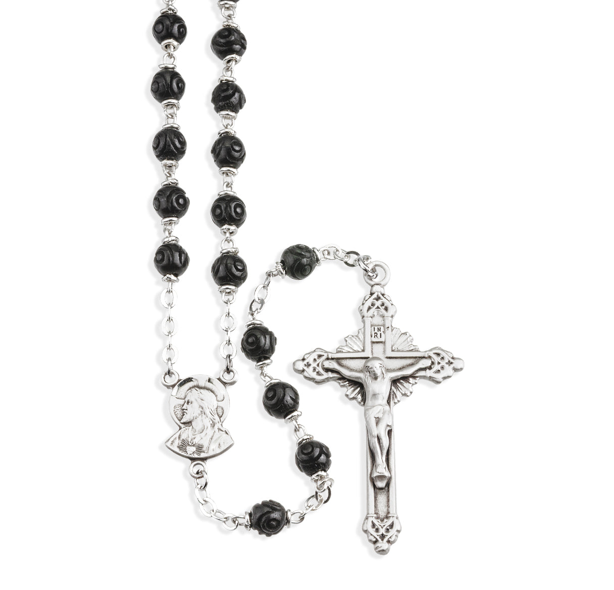 Black Carved Genuine Cocoa Bead Rosary Sterling Crucifix and Centerpiece | .925 Silver