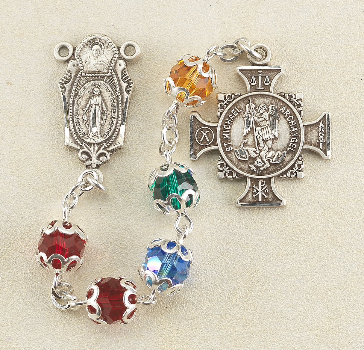 Sterling Silver St. Michael Chaplet made with Finest Crystal Aurora 6mm Beads Necklace | .925 Silver