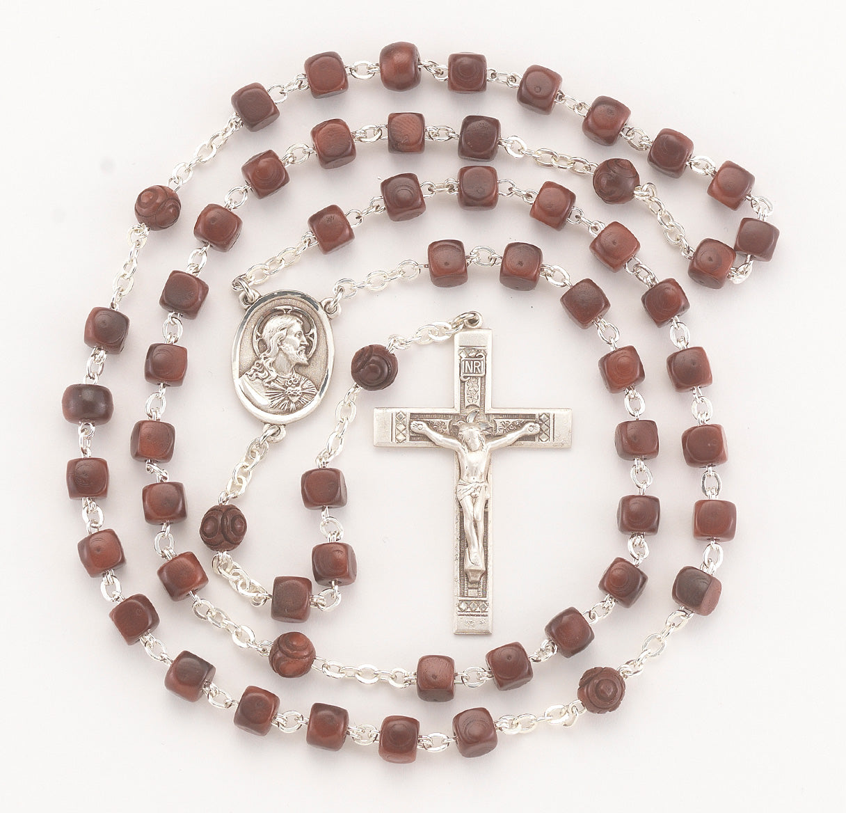 8mm Maroon Square Cocoa Beads with Round Carved O.F. Beads | Catholic Rosary Beads