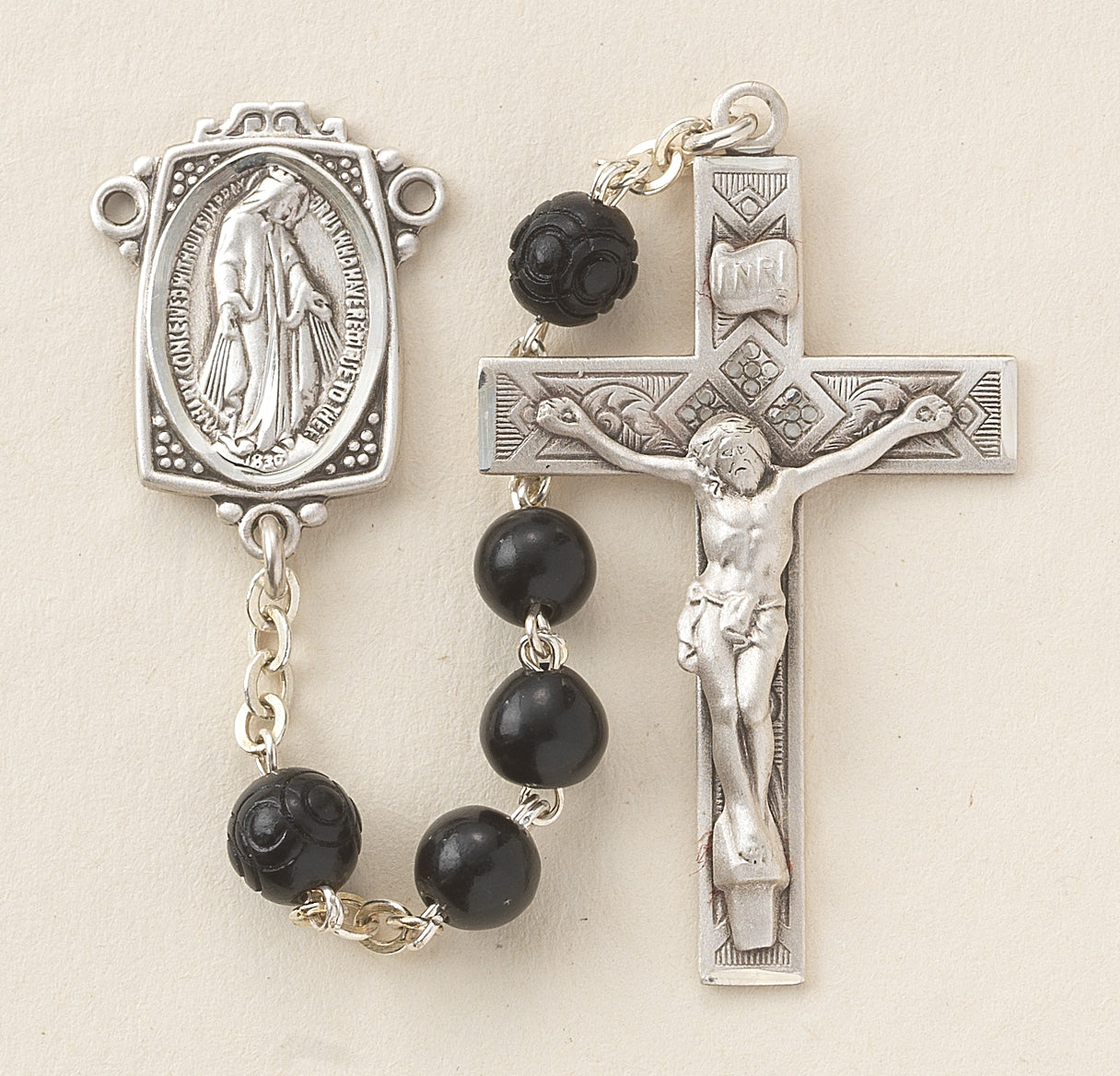 6mm Black Round Cocoa Beads with Carved O.F. Beads | Catholic Rosary Beads