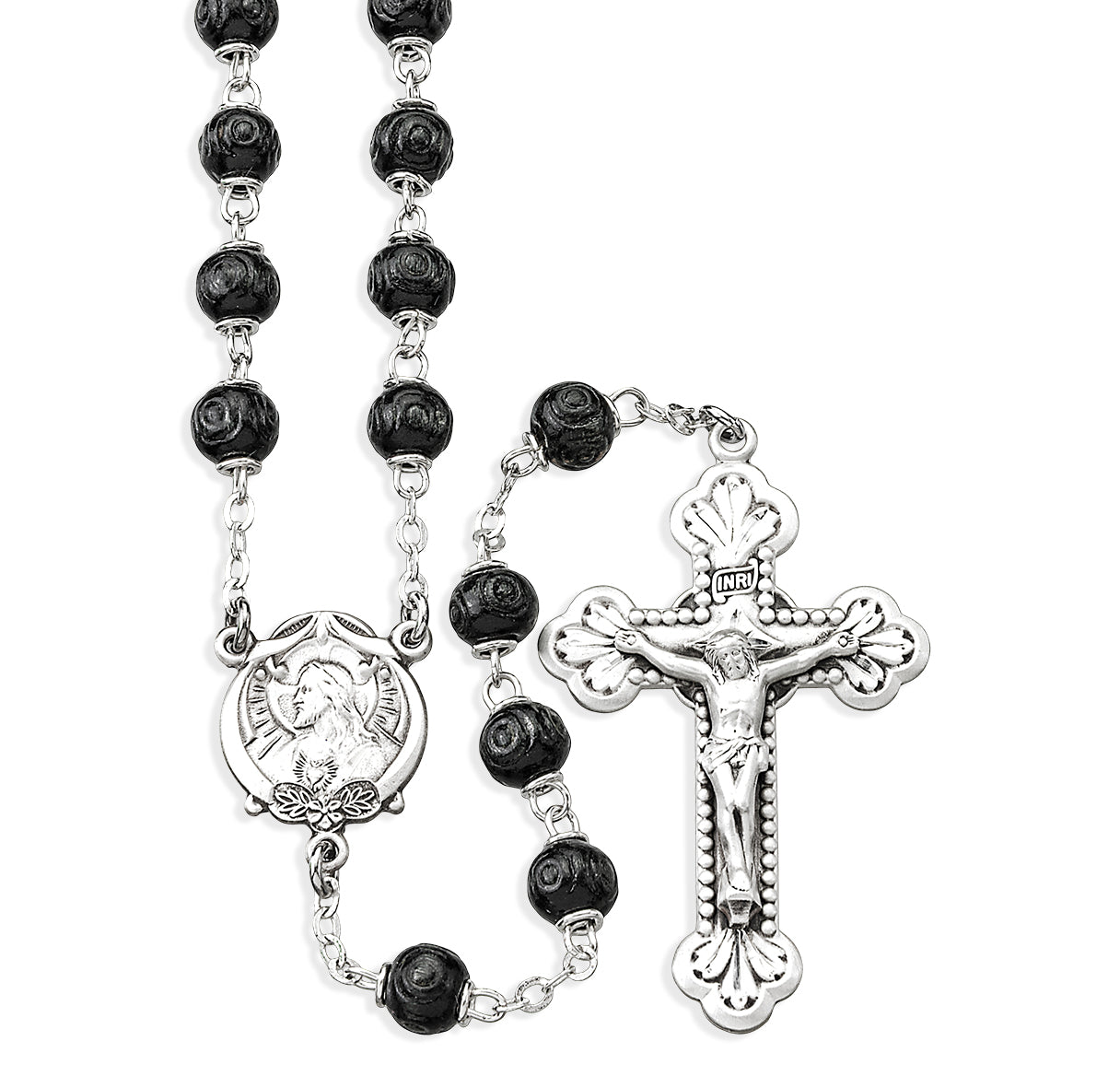 Black Carved Boxwood Bead Rosary Sterling Crucifix and Centerpiece | .925 Silver
