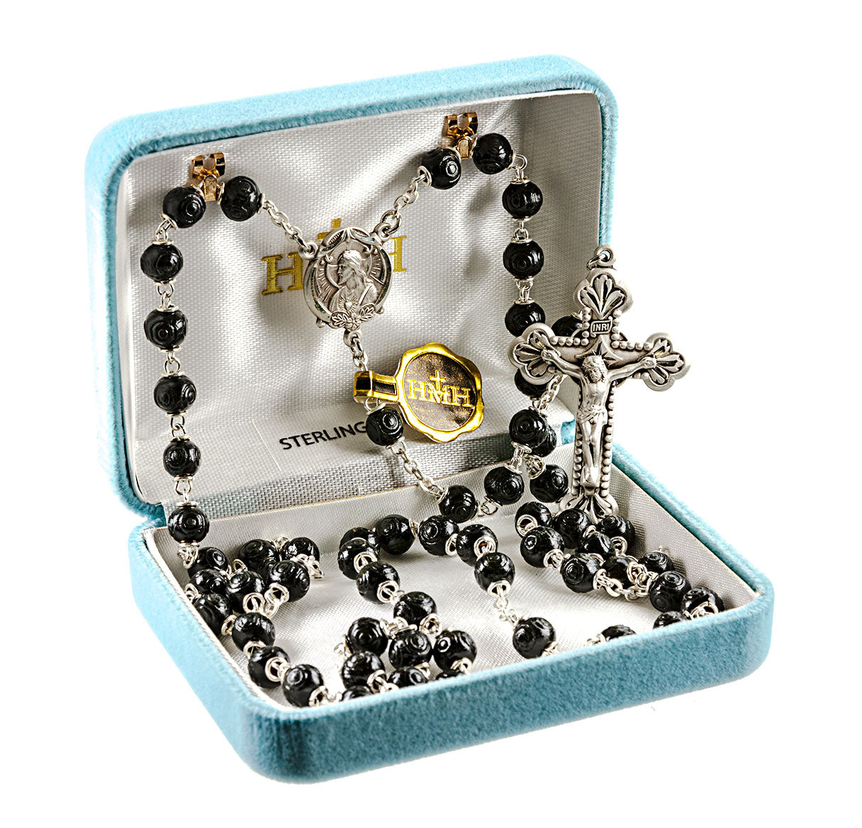 Black Carved Boxwood Bead Rosary Sterling Crucifix and Centerpiece | .925 Silver