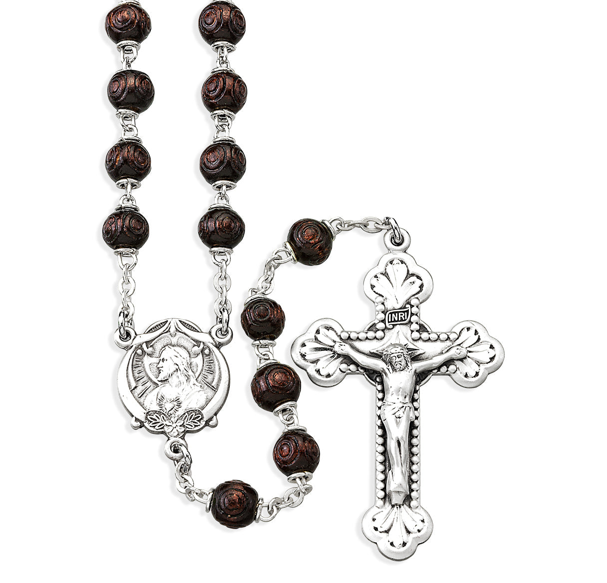 Maroon Carved boxwood Bead Rosary Sterling Crucifix and Centerpiece | .925 Silver