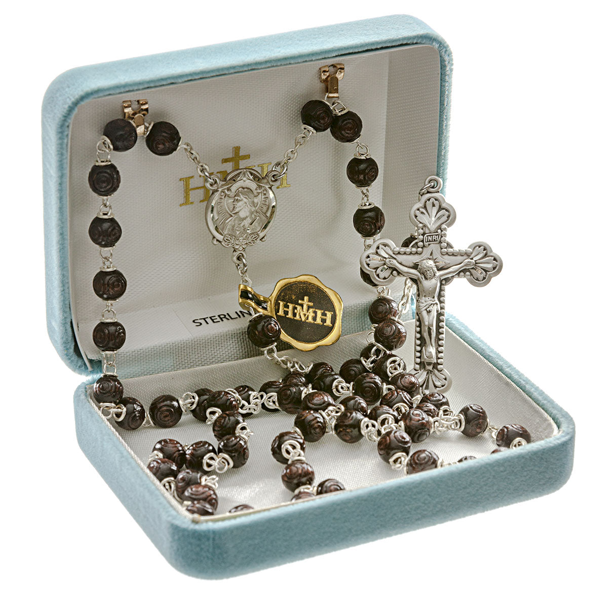 Maroon Carved boxwood Bead Rosary Sterling Crucifix and Centerpiece | .925 Silver