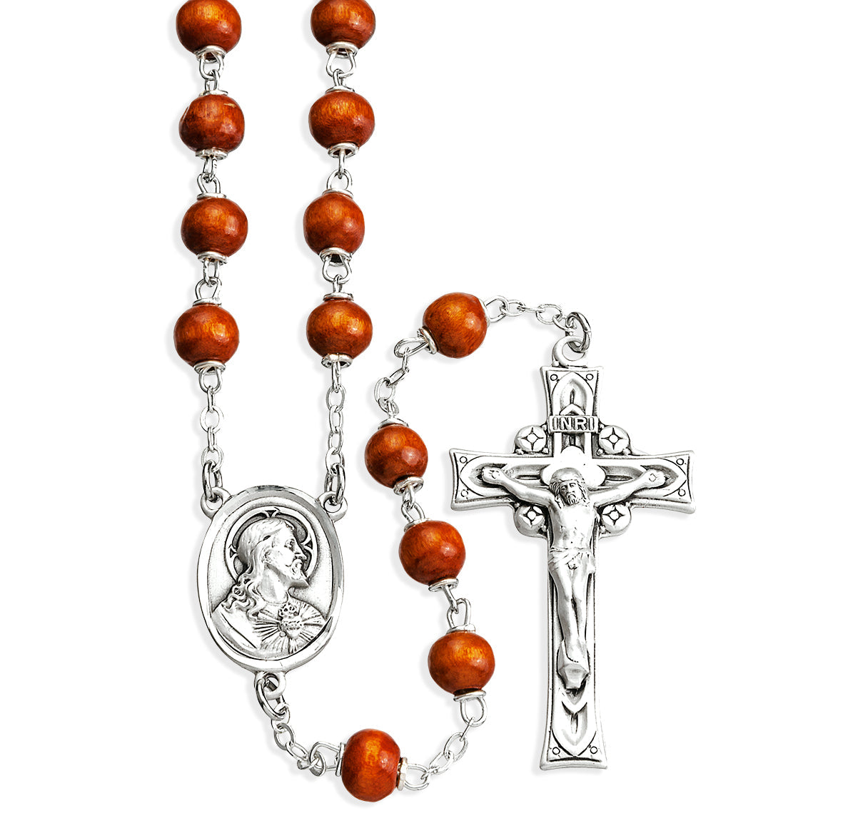 Brown Round Boxwood Rosary Sterling Crucifix and Centerpiece | .925 Silver