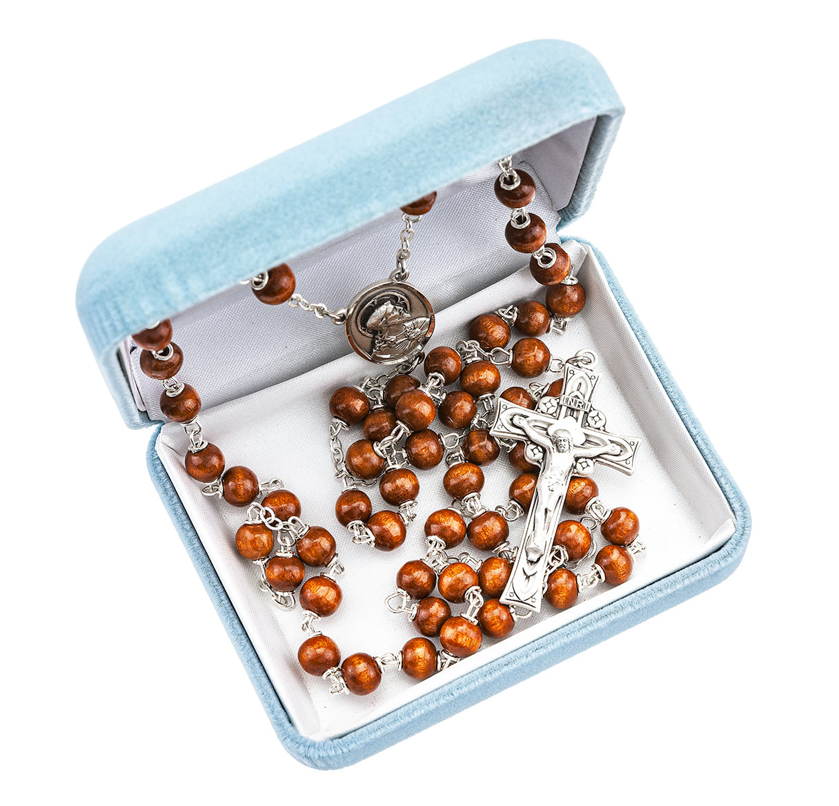Brown Round Boxwood Rosary Sterling Crucifix and Centerpiece | .925 Silver