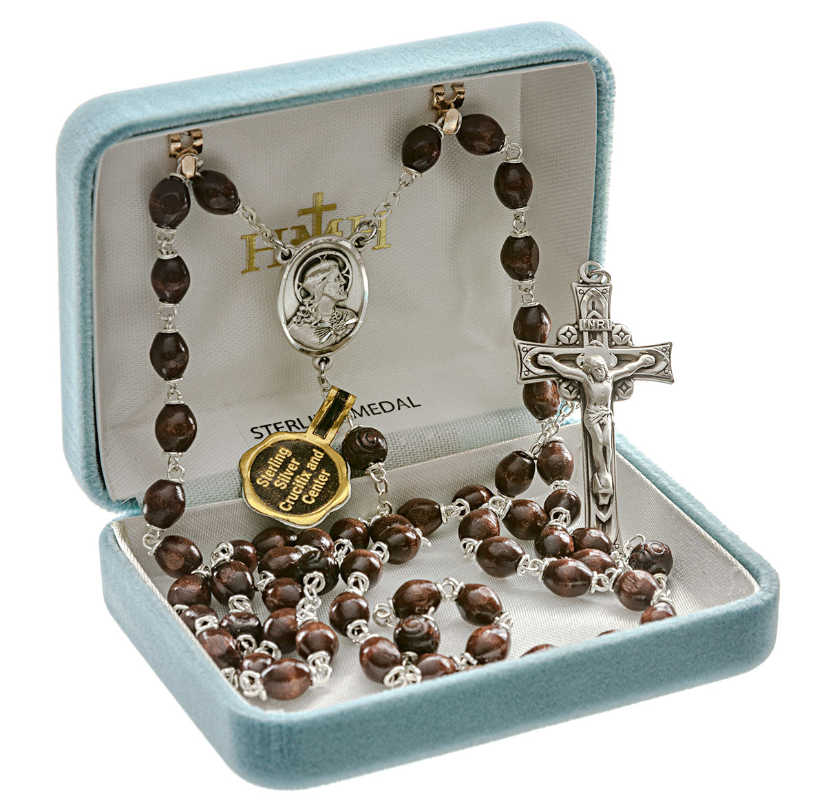 Maroon Round Boxwood Rosary Sterling Crucifix and Centerpiece | .925 Silver