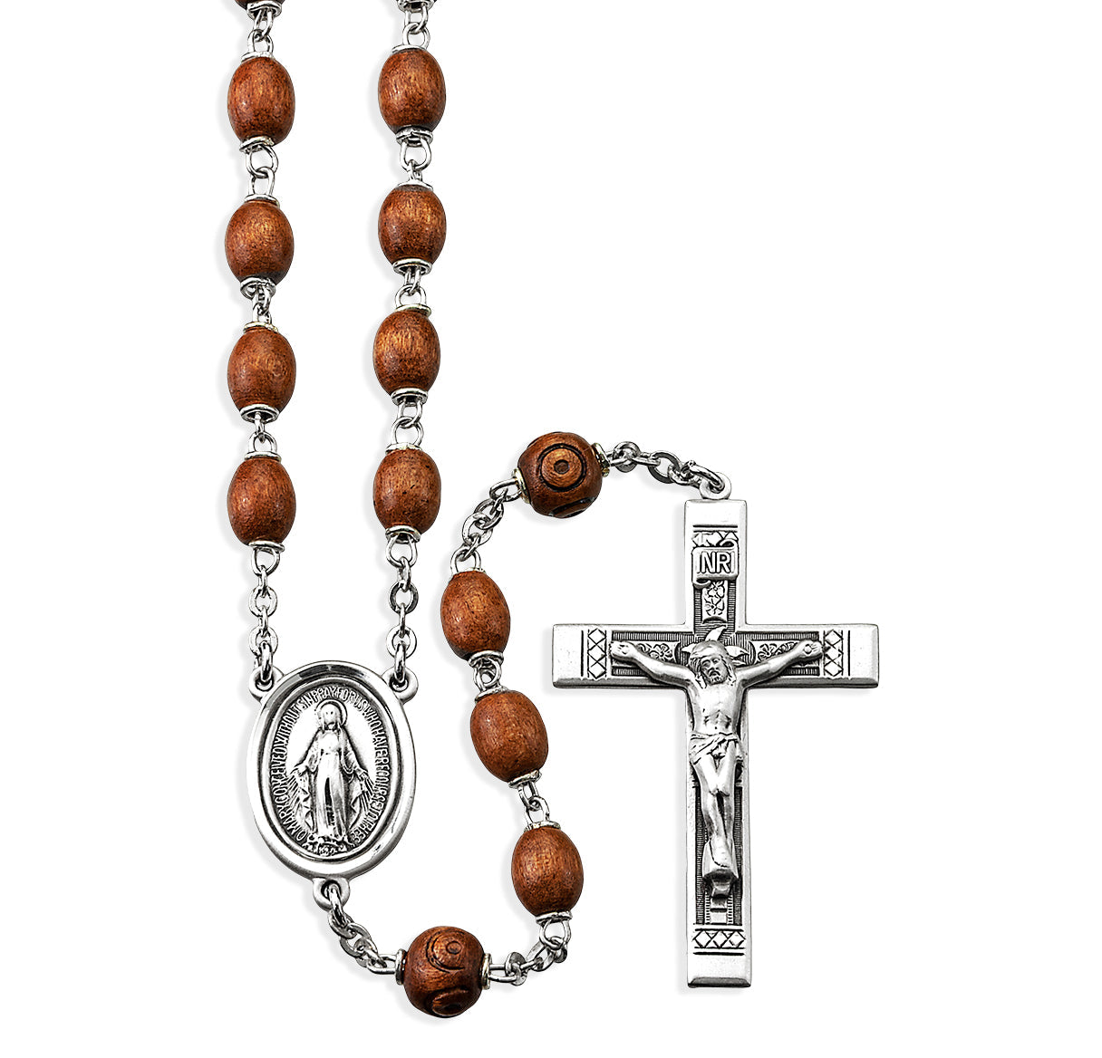 Brown Oval Boxwood Rosary Sterling Crucifix and Centerpiece | .925 Silver
